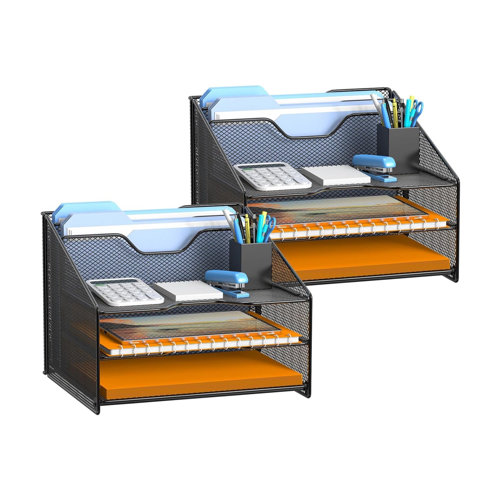 Samstar 2 Pack Mesh Desk File Organizer Letter Tray Holder, Desktop File Folder Holder with 3 Paper Trays and 2