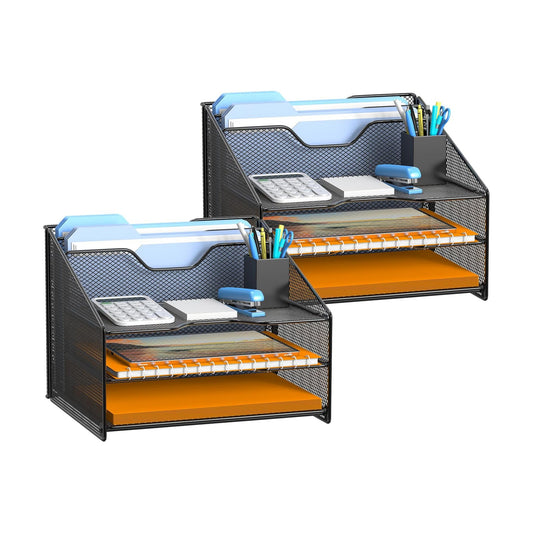Samstar 2 Pack Mesh Desk File Organizer Letter Tray Holder, Desktop File Folder Holder with 3 Paper Trays and 2