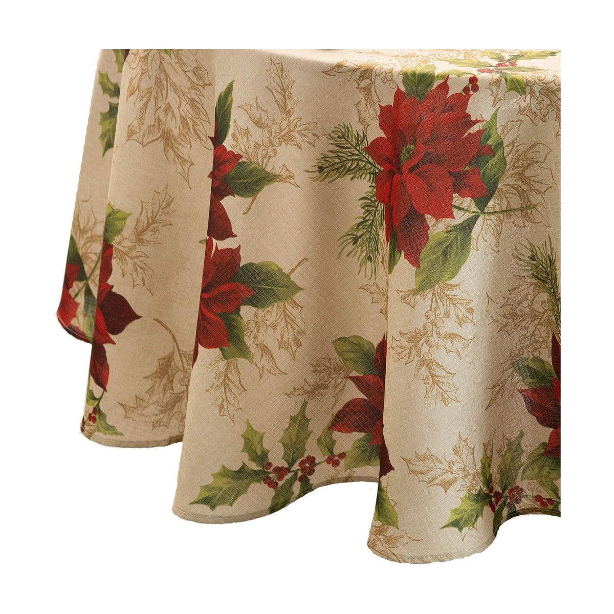 Festive Poinsettia Holiday Fabric Tablecloth, Multicolor - 60" W x 84" L Oval