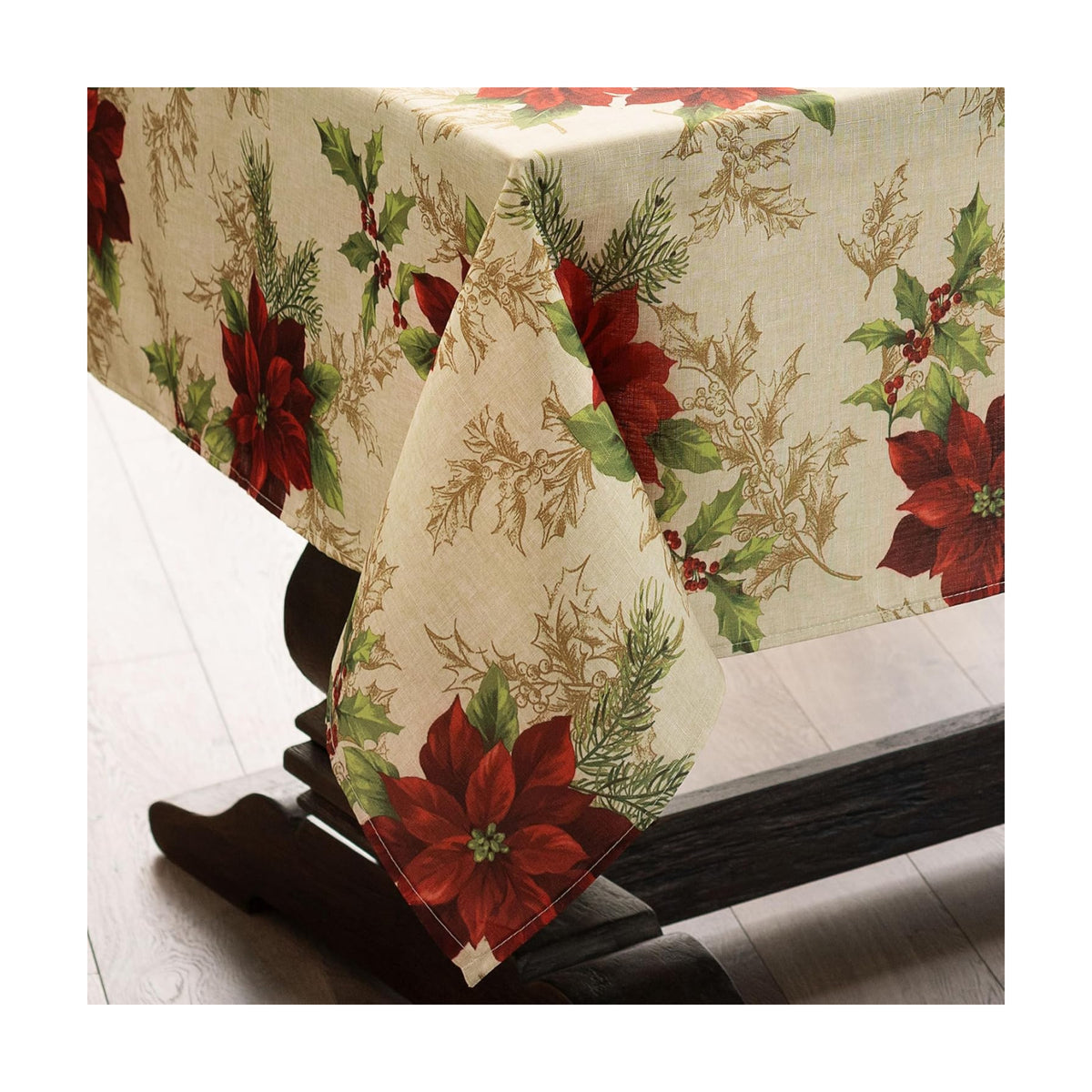 Festive Poinsettia Holiday Fabric Tablecloth, Multicolor - 52" W x 70" L