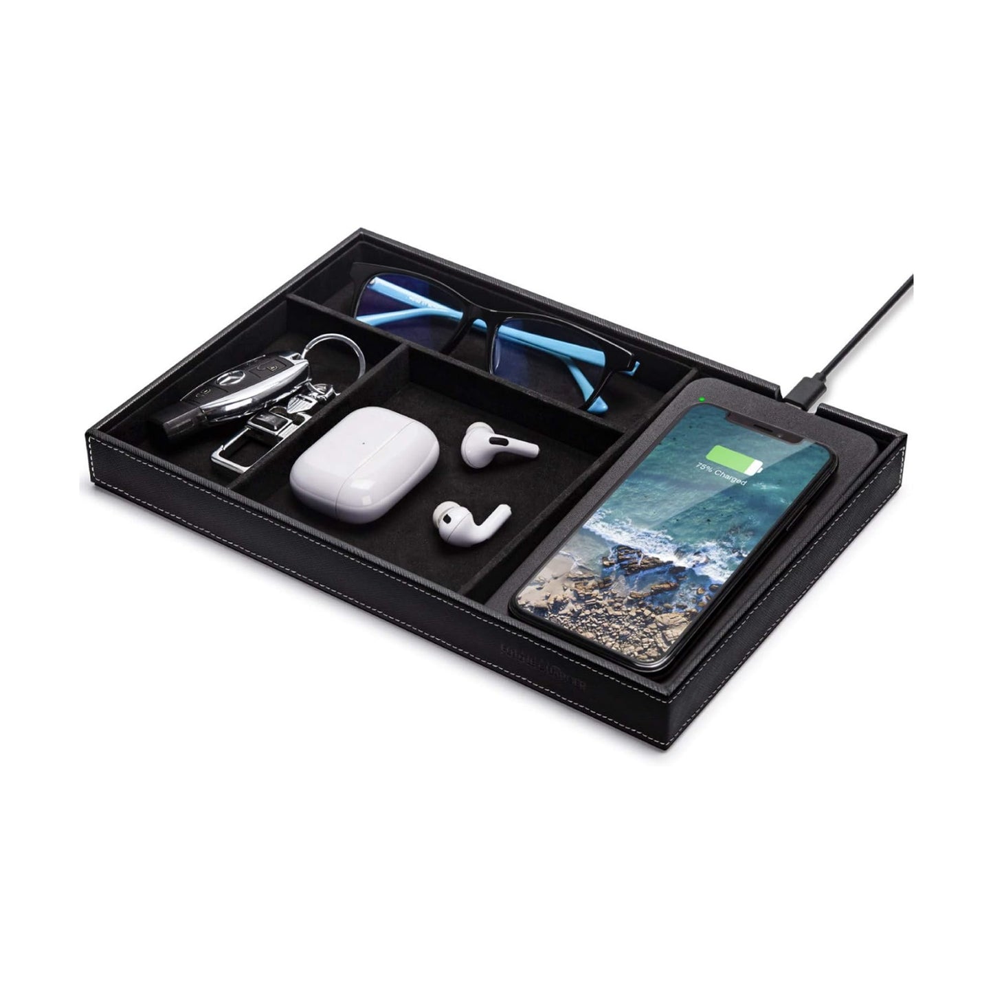 Valet Tray, Built in Wireless Charging Pad, Nightstand Organizer | Dresser Organizer, Mens Jewelry Box, Valet Charging