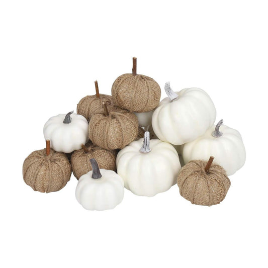 Fabric and White Pumpkins Assorted Size - 16PCS Burlap for Rustic Fall Decor, Perfect Halloween Thanksgiving Decoration Wedding