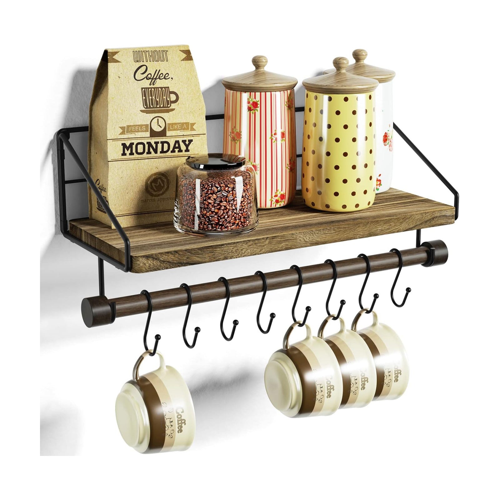 Alsonerbay Floating Shelf for Wall with Wooden Towel Bar, Carbonized Black | 8 removable hooks, rustic finish