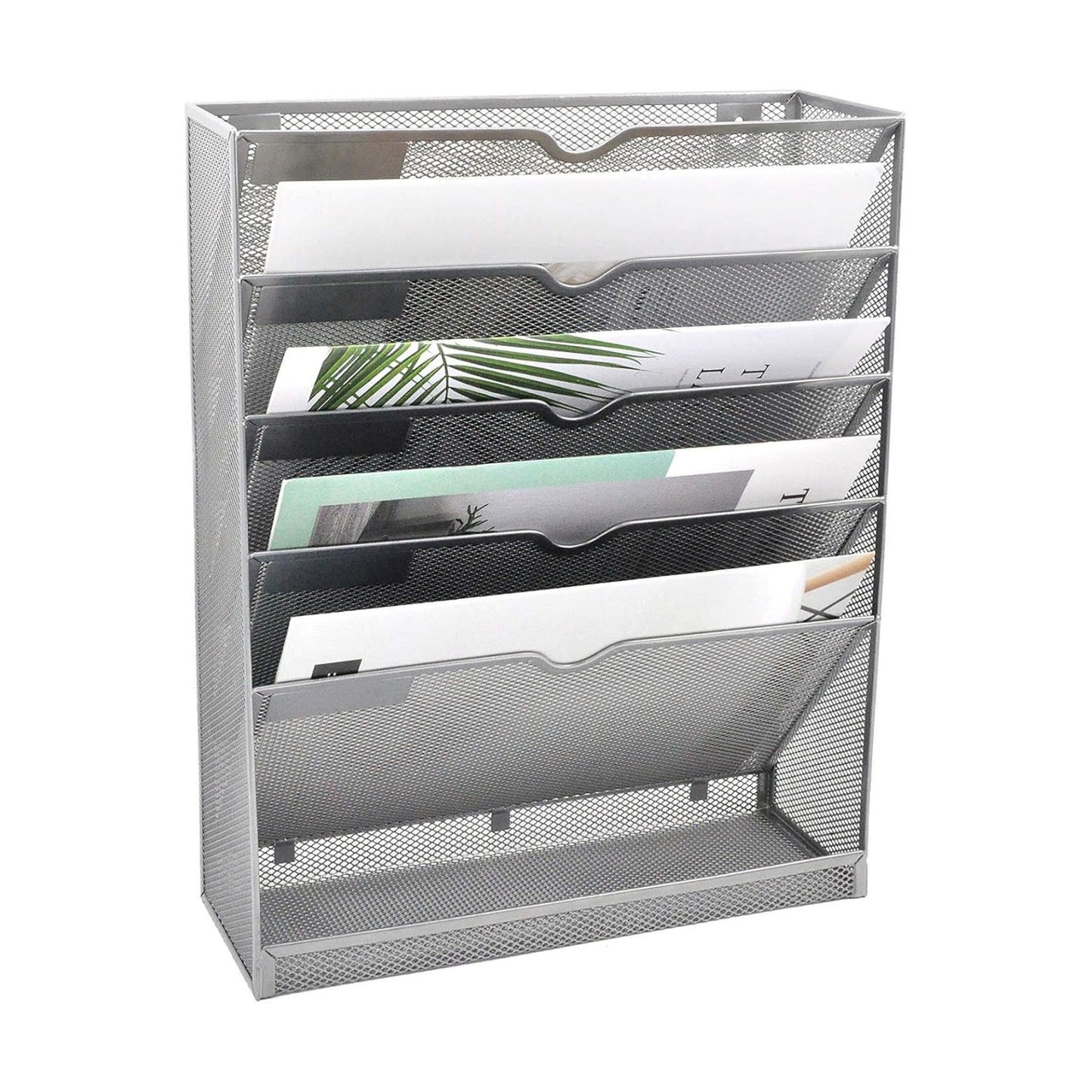 Mesh Wall File Organizer 6 Tier Vertical Mount Hanging Holder Magazine Rack with Bottom Flat Tray, Sides Closed, Silver