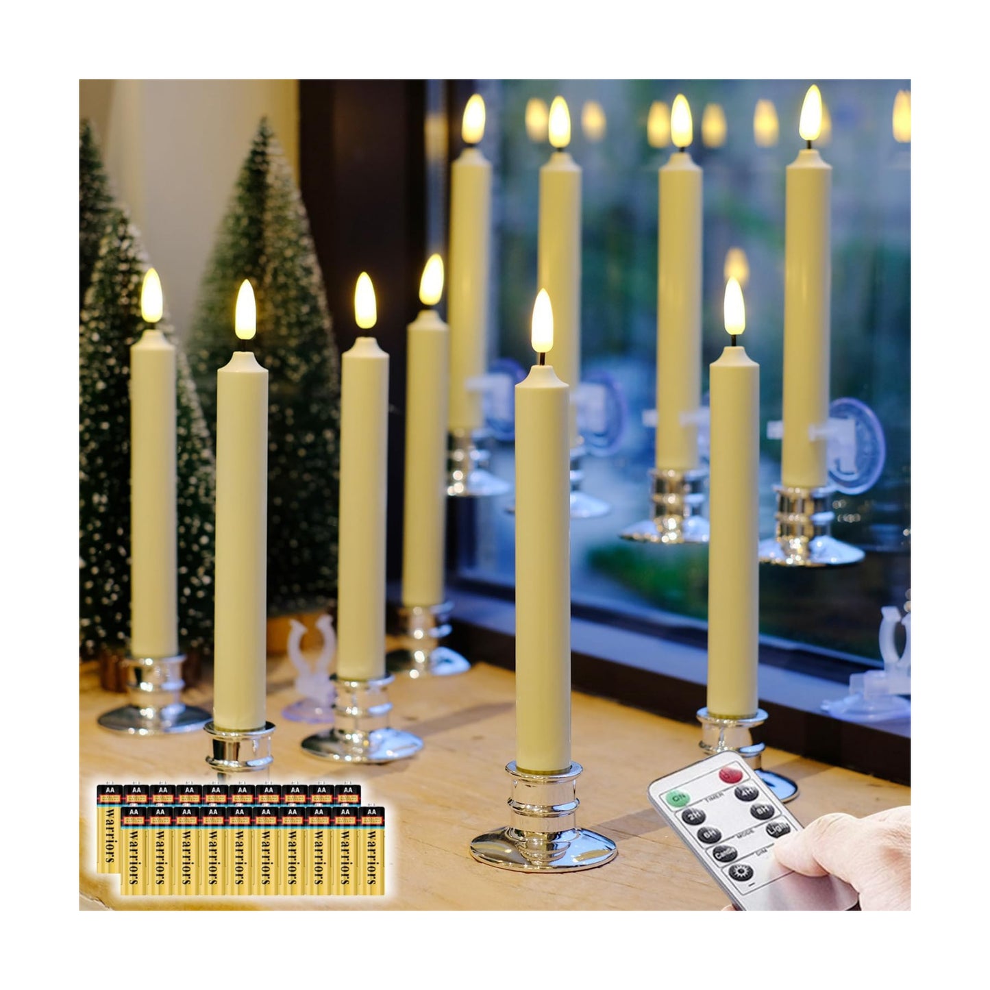 10 Pack Window Candles + 20 AA Batteries(Include, Run More Than 400 Hours) + Silver Candleholders + Suction Cups, 8''