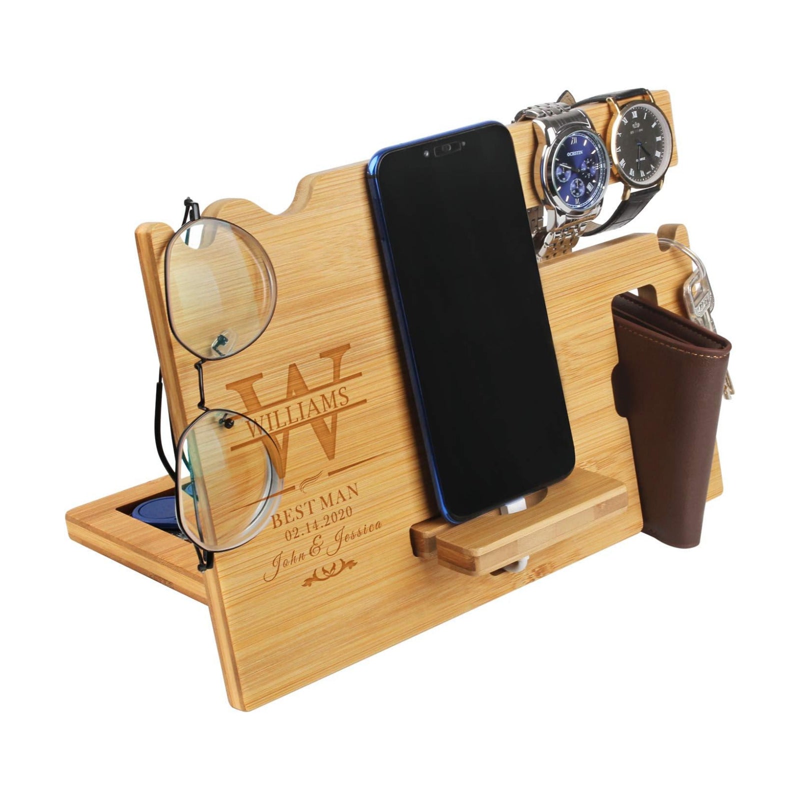 awofer Gifts for Men - Wood Phone Docking Station Personalized - Engraved Nightstand Organizer with Phone Charging