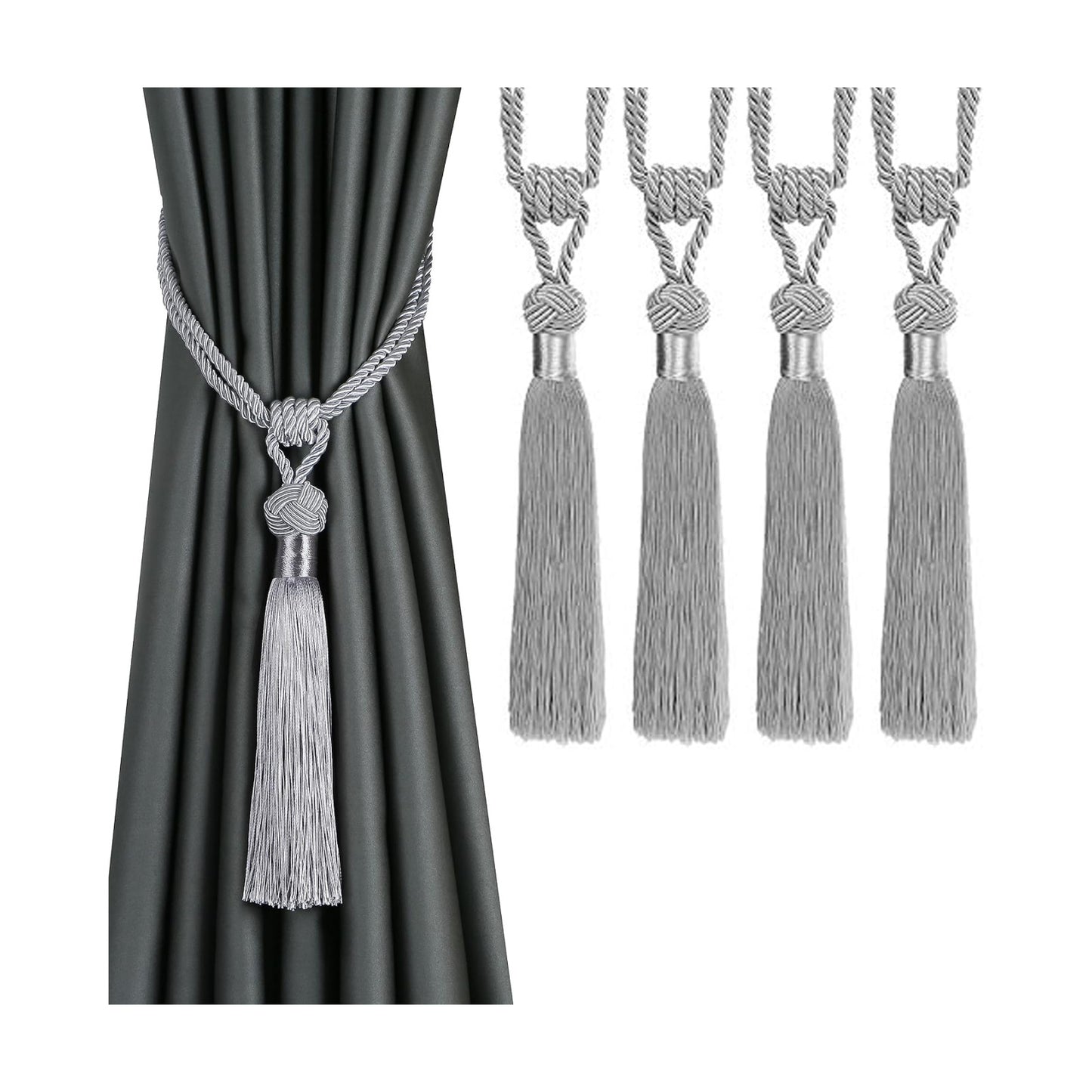 BEL AVENIR 4 Pack Curtain Tiebacks Hand-Woven Tassels Holdbacks | Silver, Elegant, Home Decorative Tassels Ties for