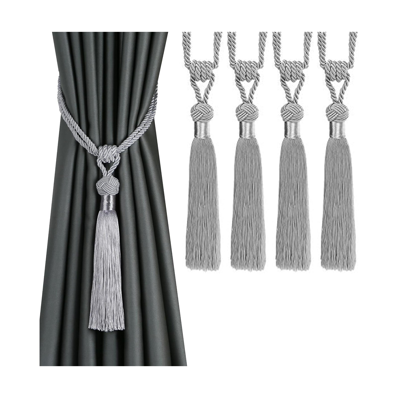 BEL AVENIR 4 Pack Curtain Tiebacks Hand-Woven Tassels Holdbacks | Silver, Elegant, Home Decorative Tassels Ties for