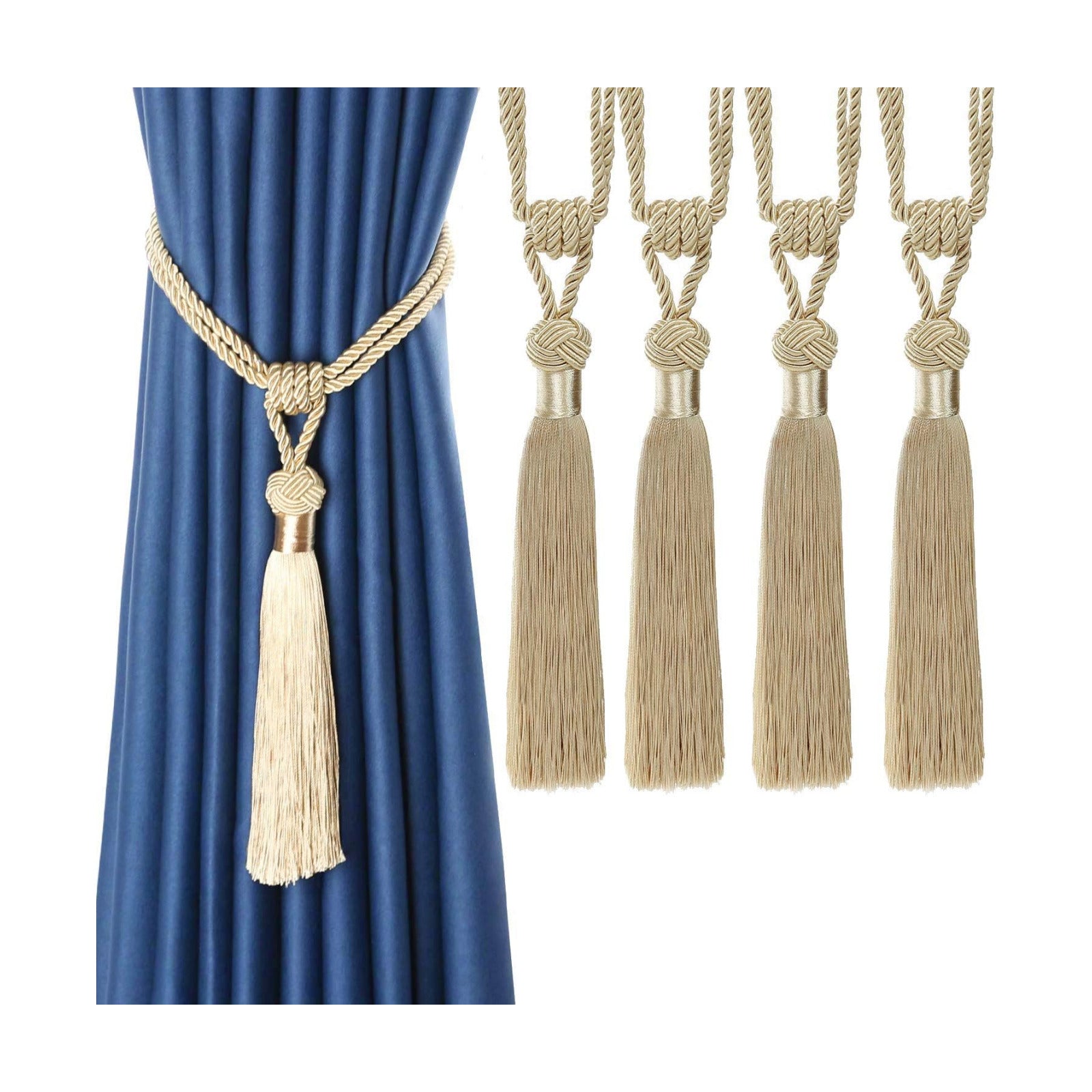 BEL AVENIR 4 Pack Curtain Tiebacks Hand-Woven Tassels Holdbacks | Light Beige, Elegant, Home Decorative Tassels Ties