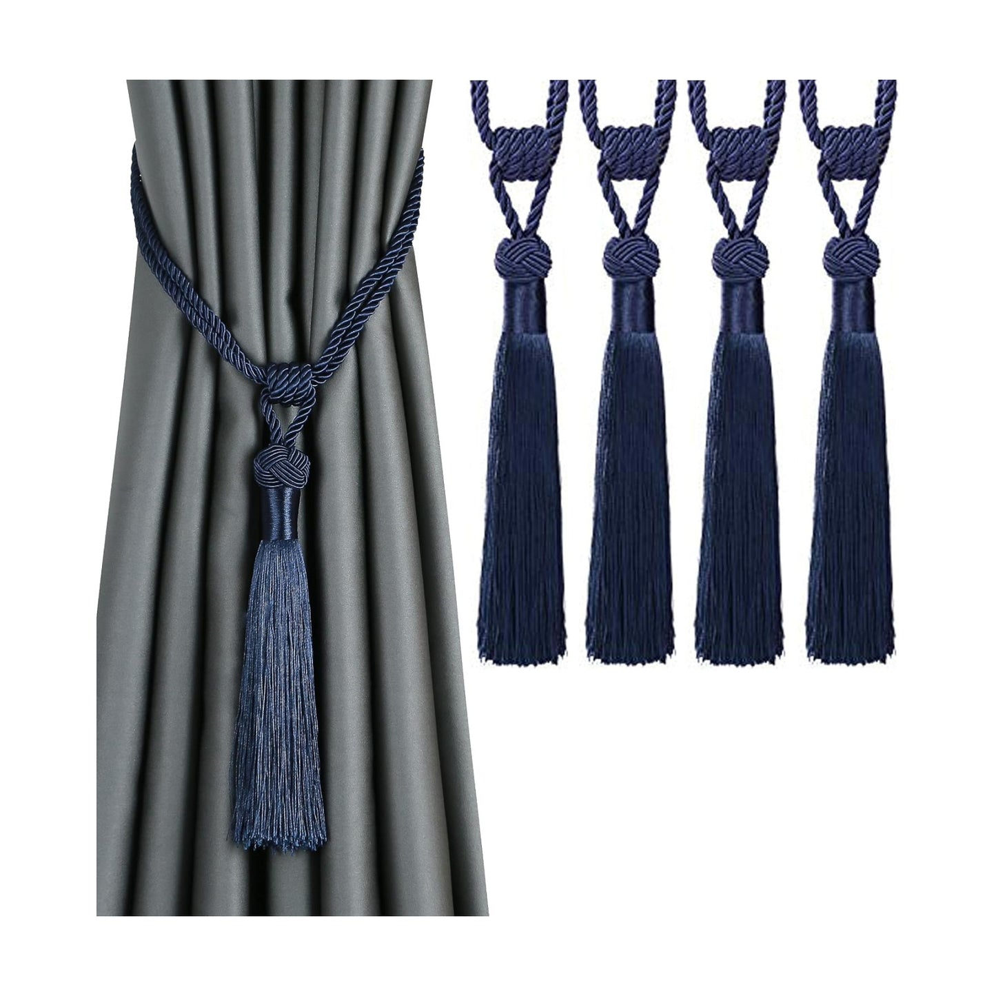 BEL AVENIR 4 Pack Curtain Tiebacks Hand-Woven Tassels Holdbacks | Navy, Elegant, Home Decorative Tassels Ties for