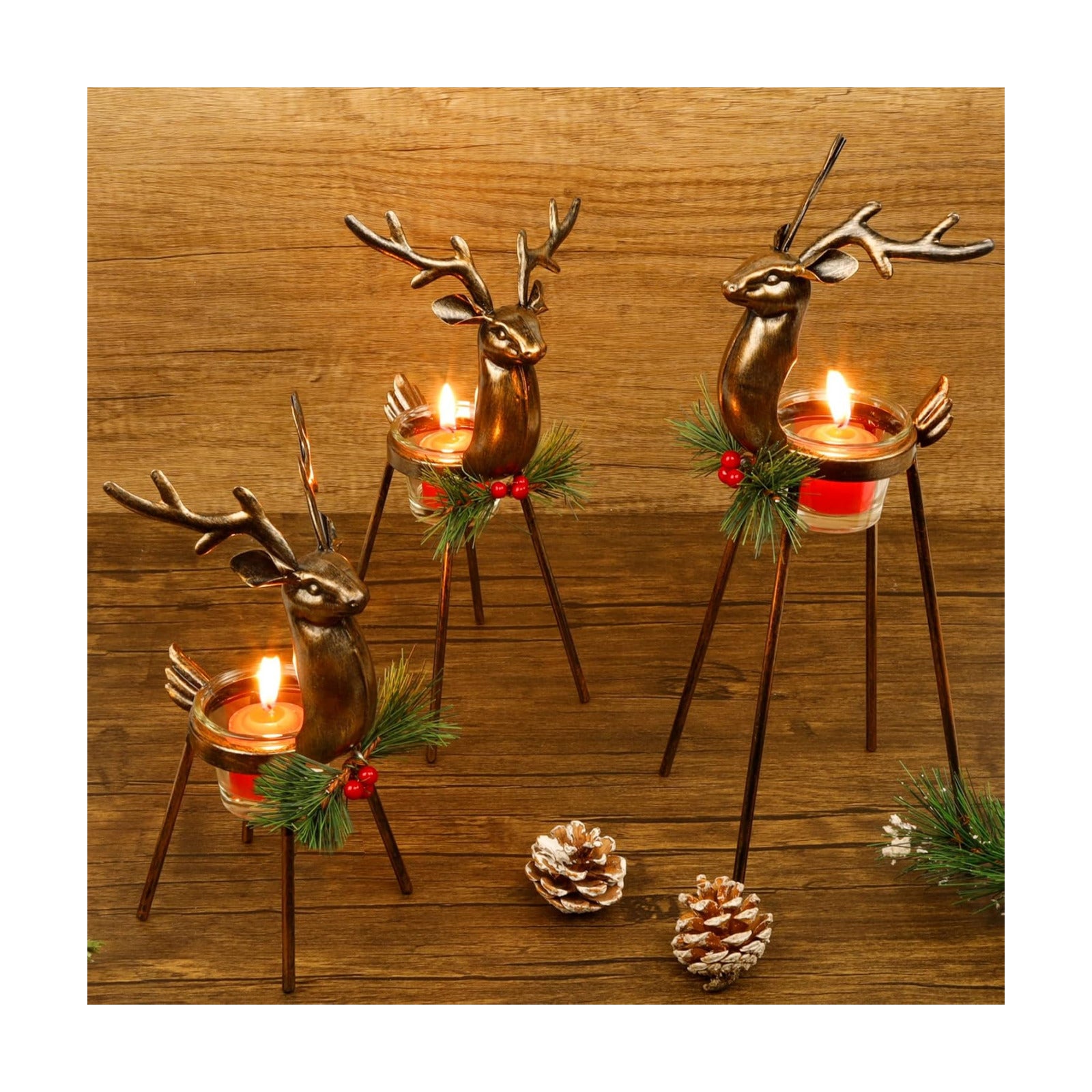 Juegoal Set of 3 Reindeer Tealight Candle Holders, Standing Iron Metal Christmas Decorations, Glass Votive Candle