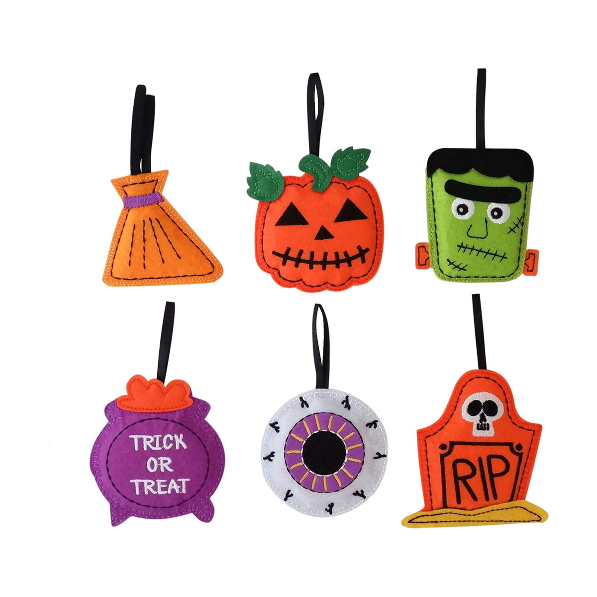 Halloween Ornaments - Set of 6 Plush Felt Handmade Decor - Broom, Jack-o'-Lantern, Frankenstein, Witchcraft, Eyeball, RIP Tomb Design - Halloween Ornaments for Tree