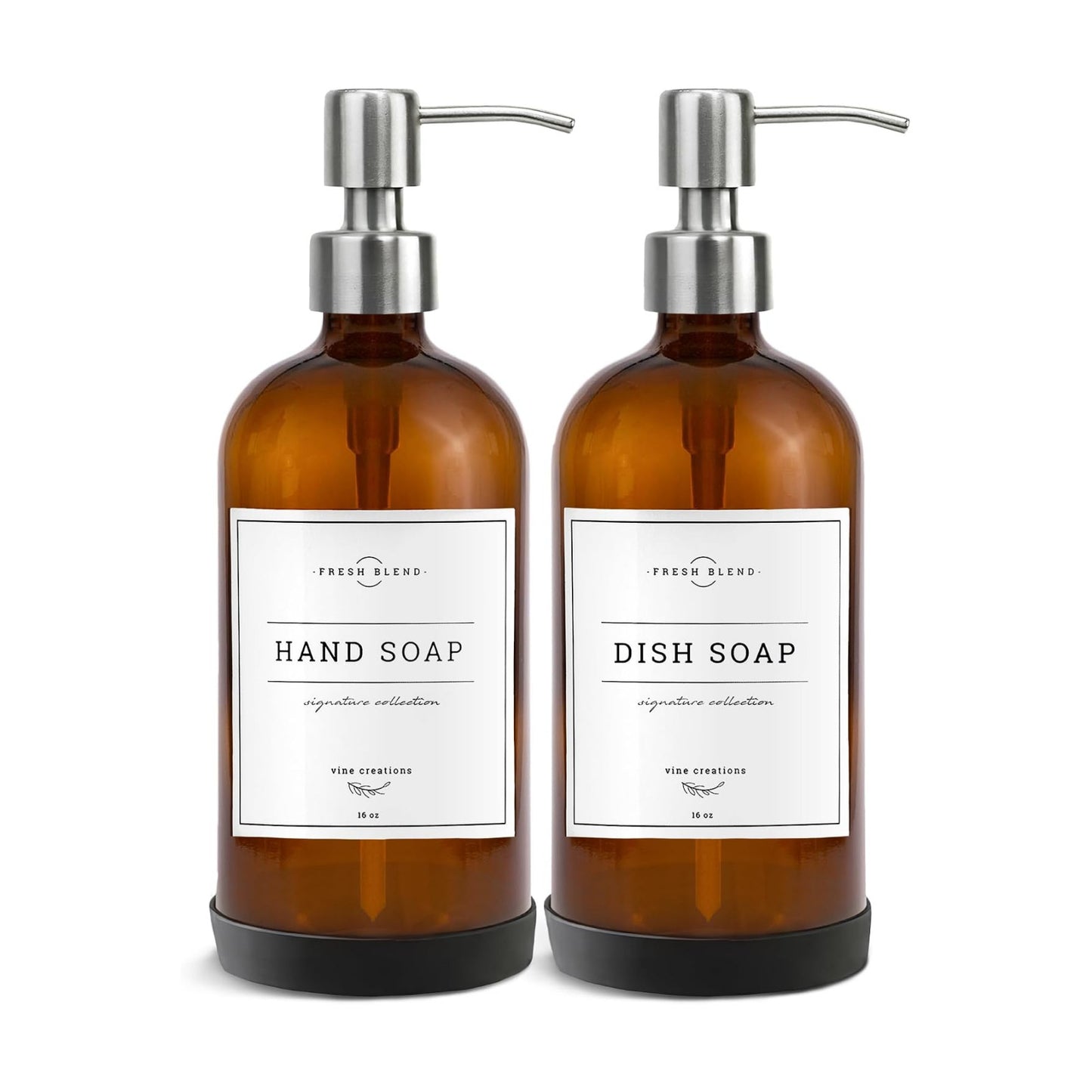 Vine Creations Amber Glass Soap Dispenser, 2 Pack Kitchen Soap Dispenser Set with Stainless Steel Pump, 16 oz Hand Soap