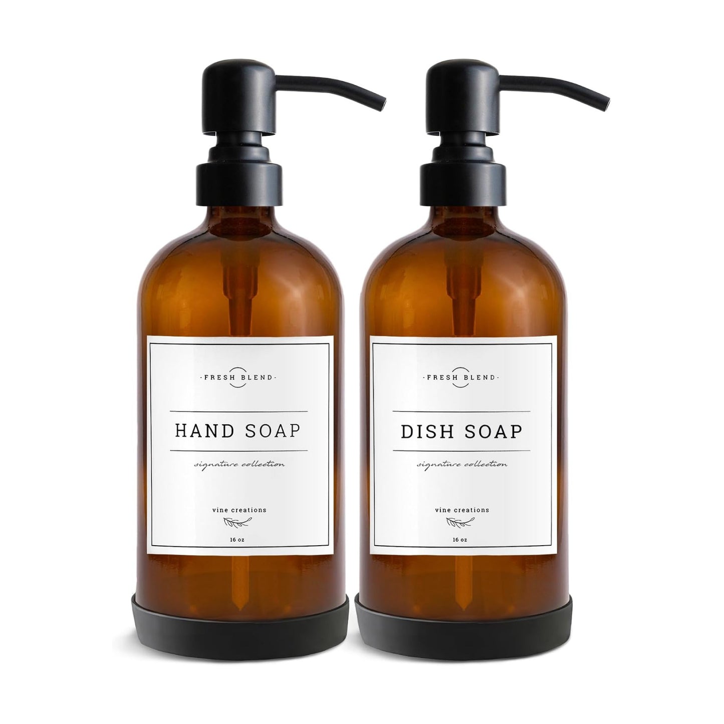 Vine Creations Amber Glass Soap Dispenser, 2 Pack Kitchen Soap Dispenser Set with Stainless Steel Pump, 16 oz Dish Soap