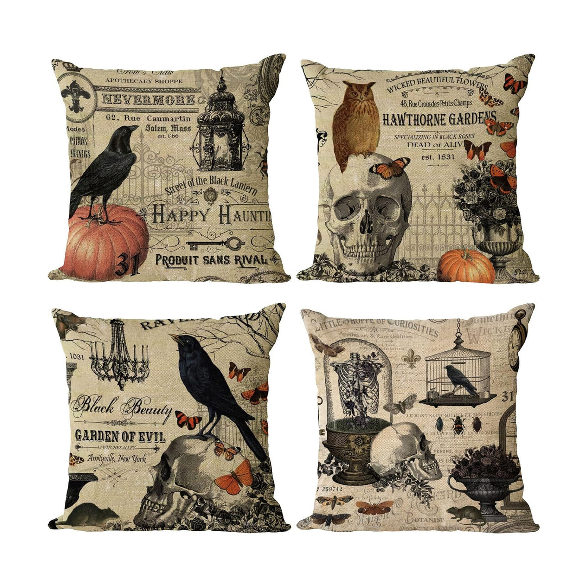 YeeJu Set of 4 Halloween Decorative Throw Pillow Covers Square Cotton Linen Cushion Covers Outdoor Couch Sofa Home Pillow Cases 22x22 Inch
