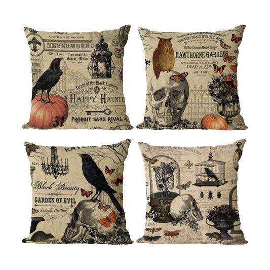 YeeJu Set of 4 Halloween Decorative Throw Pillow Covers Square Cotton Linen Cushion Covers Outdoor Couch Sofa Home Pillow Cases 22x22 Inch