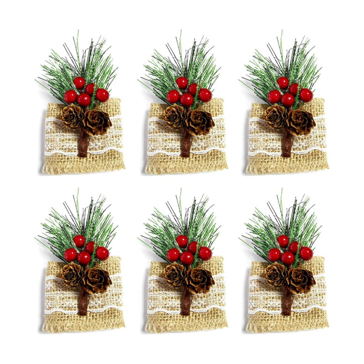 Burlap Napkin Rings Set of 6, Rustic Napkin Rings Handmade by Pinecones and Berries, Napkin Ring for Christmas Wedding Thanksgiving Dinner Table Decor