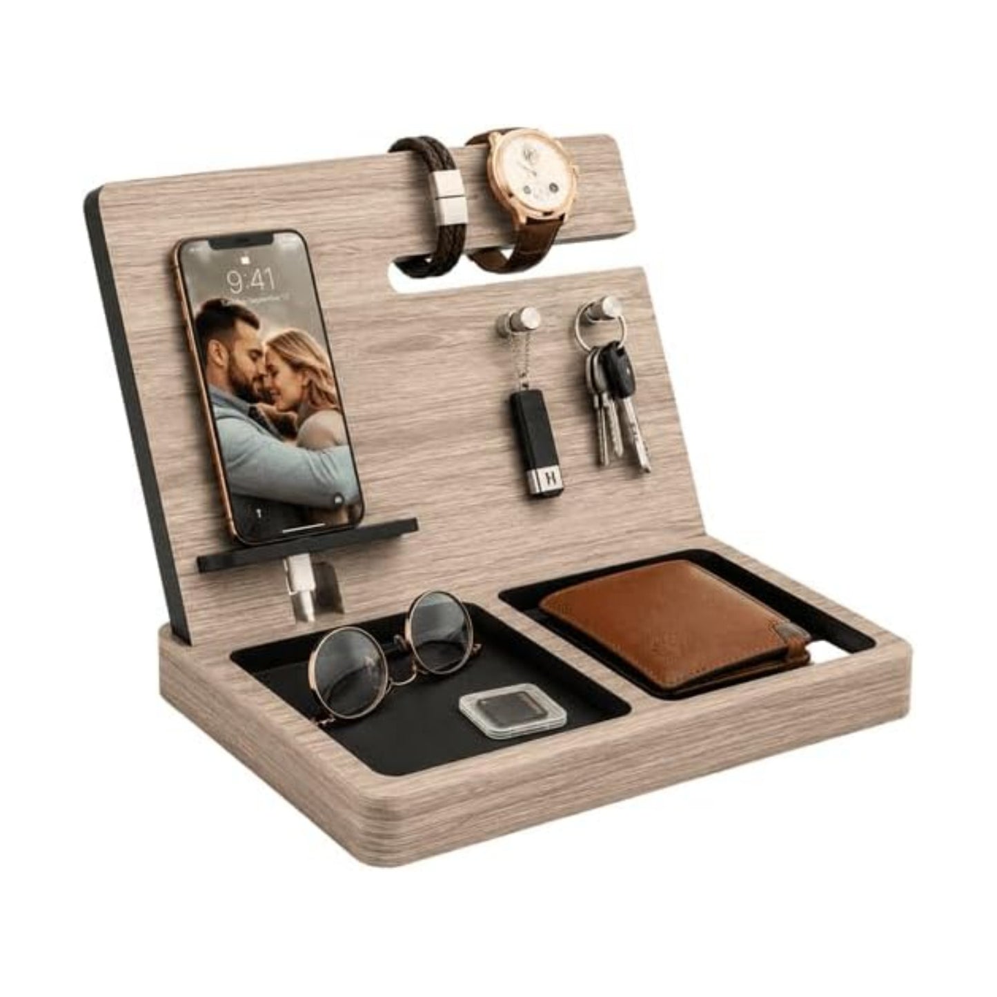 Namore Nightstand Organizer for Men – Wood Phone Docking Station & Bedside Valet Tray Organizer for Wallet, Watch &