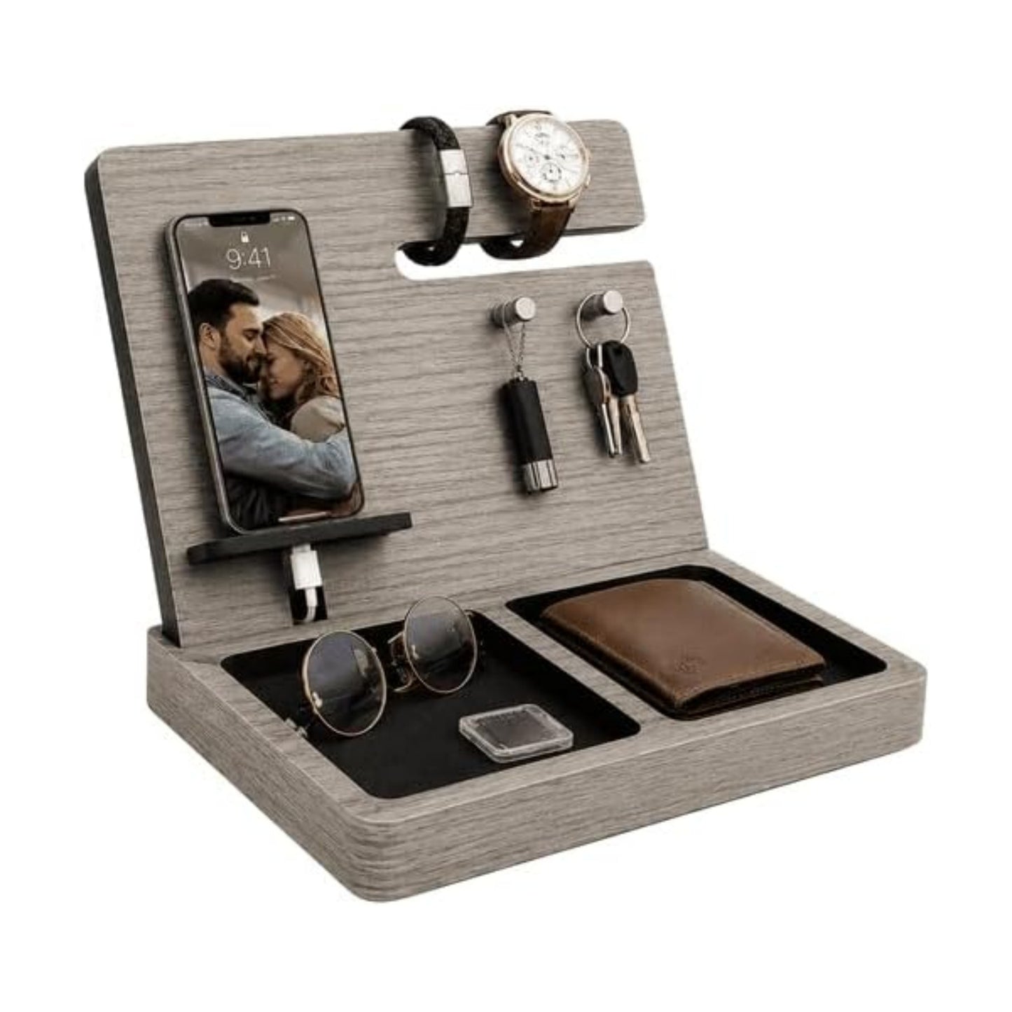 Namore Nightstand Organizer for Men – Wood Phone Docking Station & Bedside Valet Tray Organizer for Wallet, Watch &