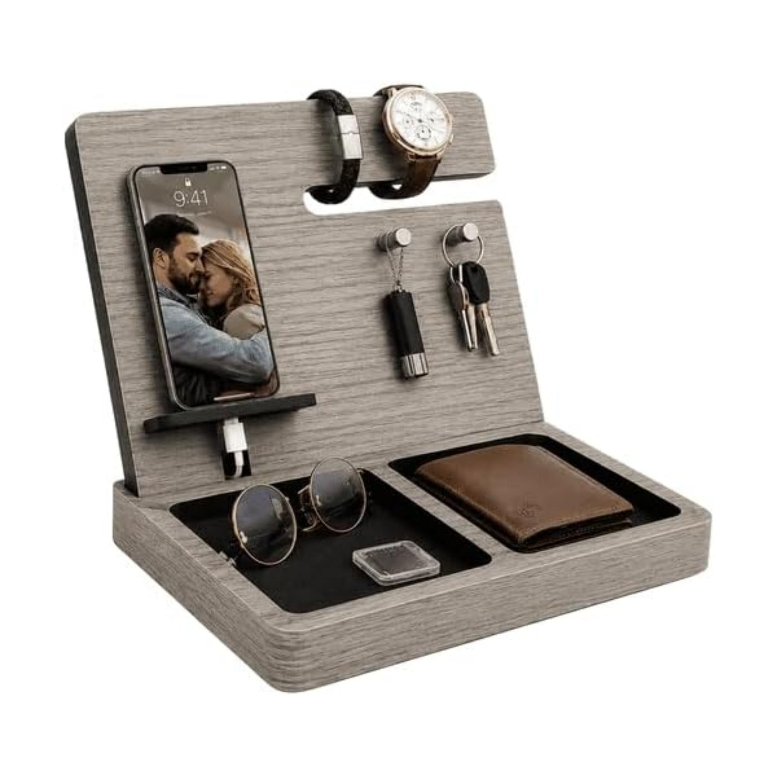 Namore Nightstand Organizer for Men – Wood Phone Docking Station & Bedside Valet Tray Organizer for Wallet, Watch &