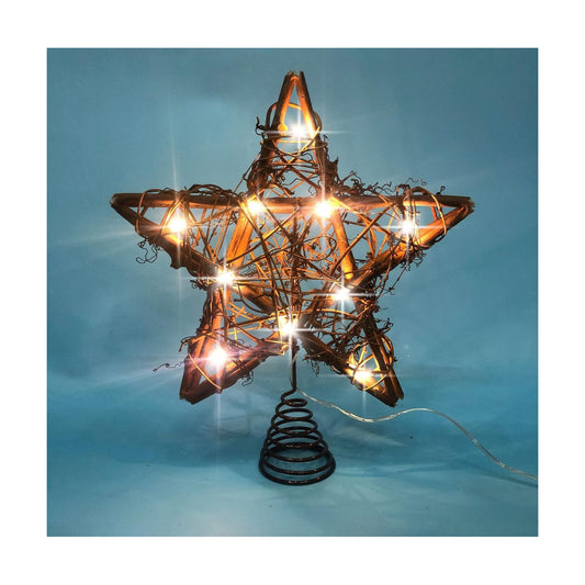 Christmas Tree Topper Farmhouse Christmas Decor Christmas Tree Decorations Rattan Natural Christmas Tree Star with 10 Warm LED Lights for Rustic Christmas Ornaments Holiday Seasonal Decoration 10 Inch