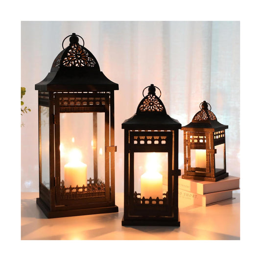 JHY DESIGN Set of 3 Decorative Candle Lanterns20&14.5"&9.5" High Vintage Style Hanging Lantern, Metal Candleholder for