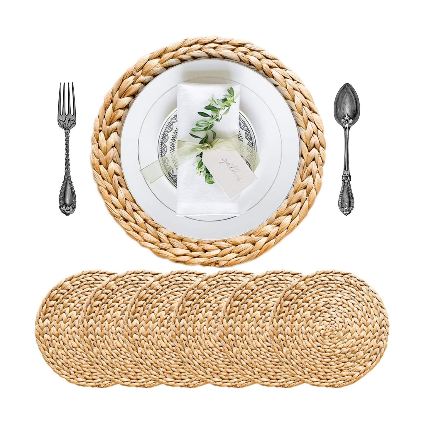 Round Woven Placemats Set of 6 Water Hyacinth Rattan Placemats 11.8 in, Small Charger Plates for Salad & Dessert
