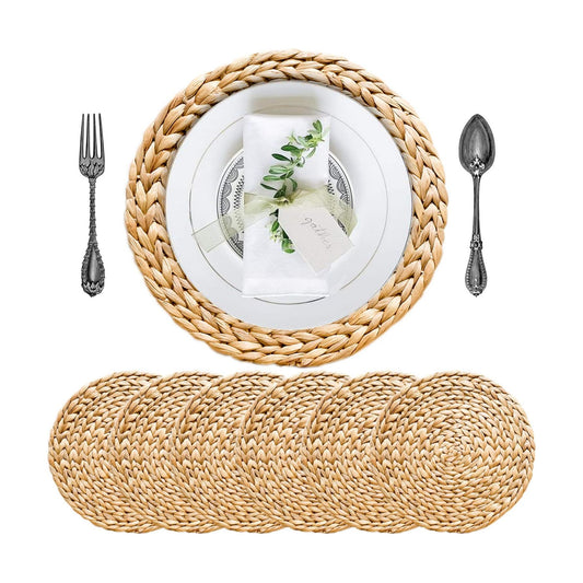 Round Woven Placemats Set of 6 Water Hyacinth Rattan Placemats 11.8 in, Small Charger Plates for Salad & Dessert
