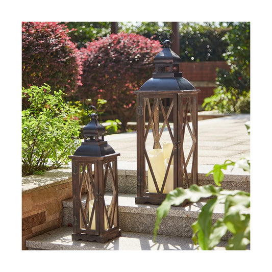 Glitzhome Farmhouse Lanterns Decorative Indoor, 2 Pack Wood/Metal Decorative Candle Lanterns, Vintage Lantern Decor
