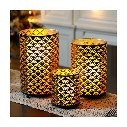 JHY DESIGN Set of 3 Metal Candle Holders Bronze Hurricane Pillar Candleholder Vintage Table Candlestick Holders Great