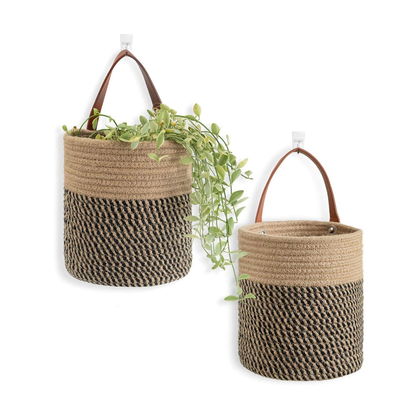 Small Woven Fern Wall Hanging Basket Flower Plants / Jute & Black / 7.87 x 7 / Set of 2