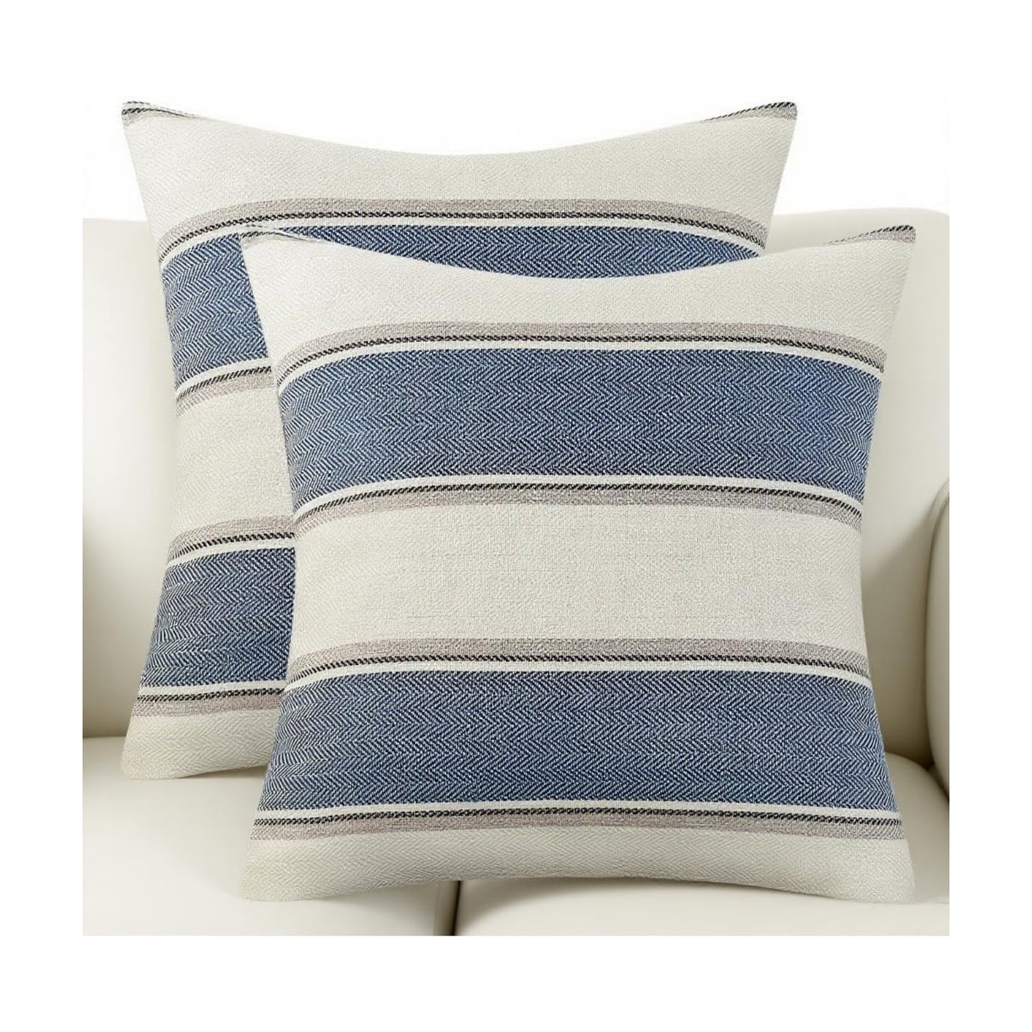 Farmhouse Linen Throw Pillow Cover Cushion Stripe Decoration Buffalo / 18 x 18 / Blue / Set of 2
