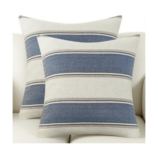 Farmhouse Linen Throw Pillow Cover Cushion Stripe Decoration Buffalo / 18 x 18 / Blue / Set of 2
