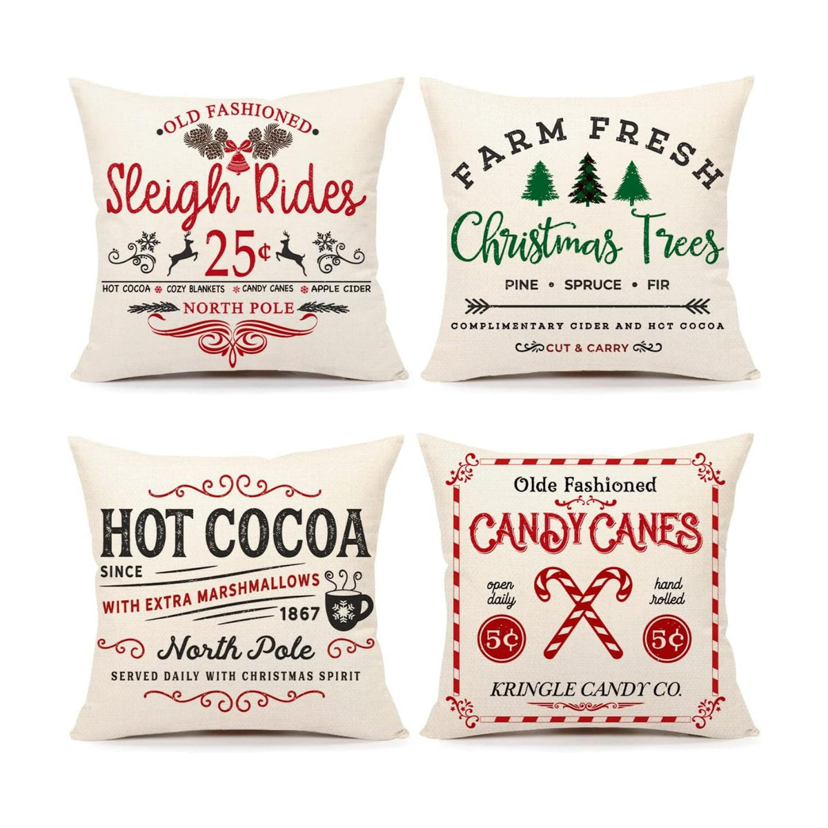 4TH Emotion Farmhouse Christmas Pillow Covers 18x18 Set of 4 Winter Holiday Decorations Xmas Rustic Throw Cushion Case for Sofa Couch Home Decor (Sleigh Rides, Farm Fresh Tree, Cocoa, Candy Canes)