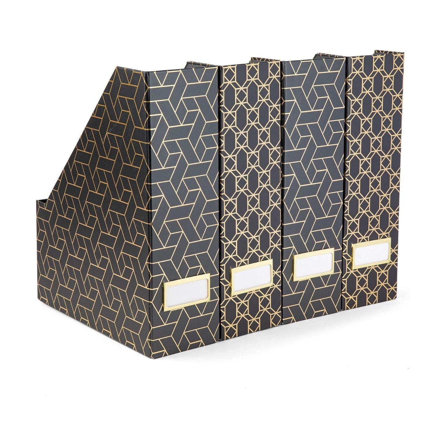 BLU MONACO | Set of 4 Black & Gold Geometric Magazine File Holders with Gold Label Holders | Stylish Vertical File