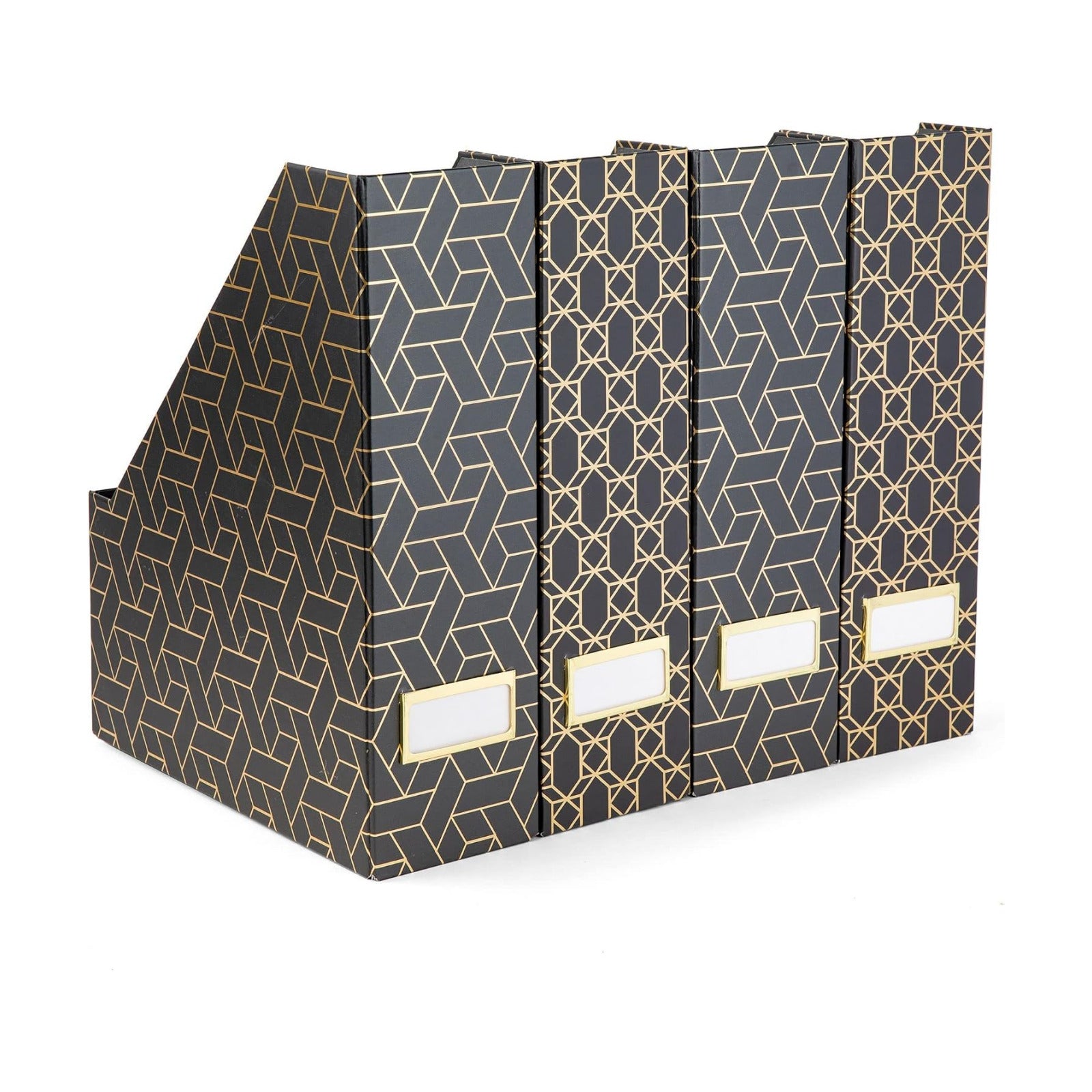 BLU MONACO | Set of 4 Black & Gold Geometric Magazine File Holders with Gold Label Holders | Stylish Vertical File