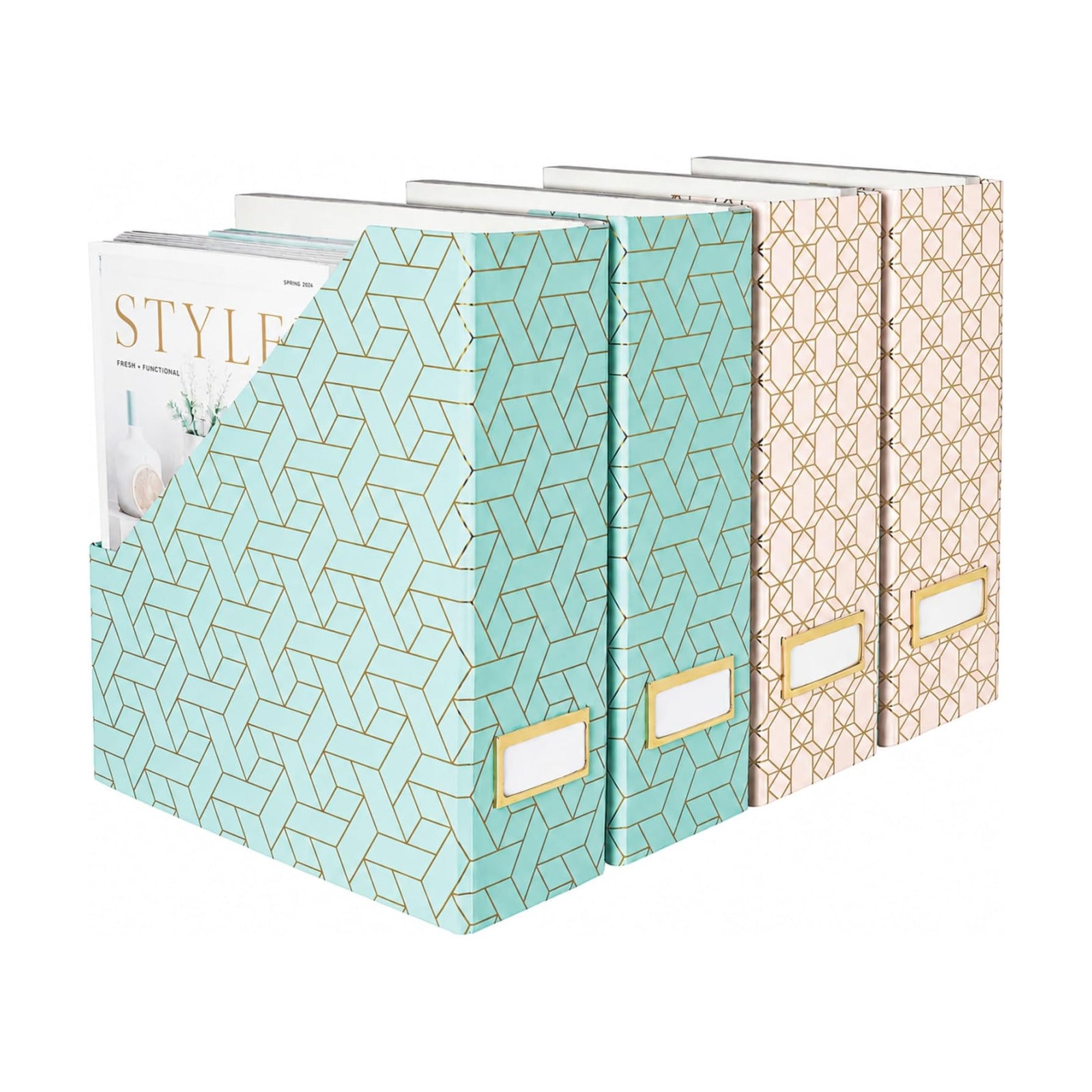 BLU MONACO | Set of 4 Foldable Pink & Aqua Magazine File Holders with Gold Geometric Patterns | Vertical File Organizer