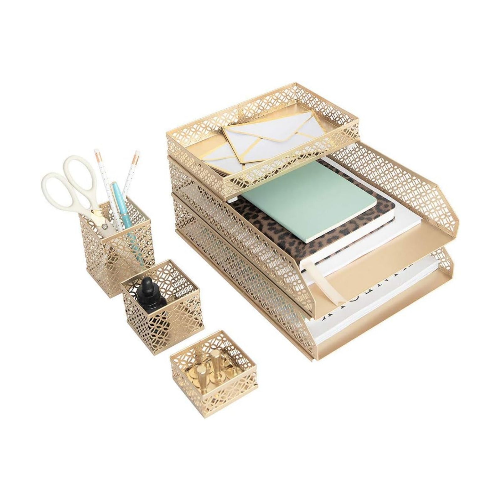 BLU MONACO | Gold Desk Organizer Set for Women 6 Piece | Mail Sorter Organizer Countertop with Letter Sorter for Desk