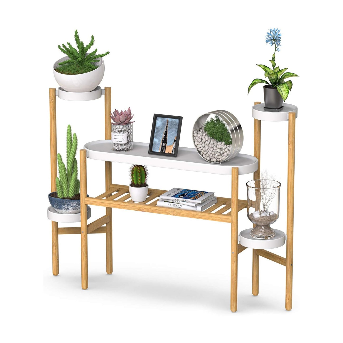 Bamboo Plant Stand Indoor, 3 Tier Plant Shelf Table for Multiple Plants | Easy-Clean Steel Top | Smooth Bamboo | Narrow