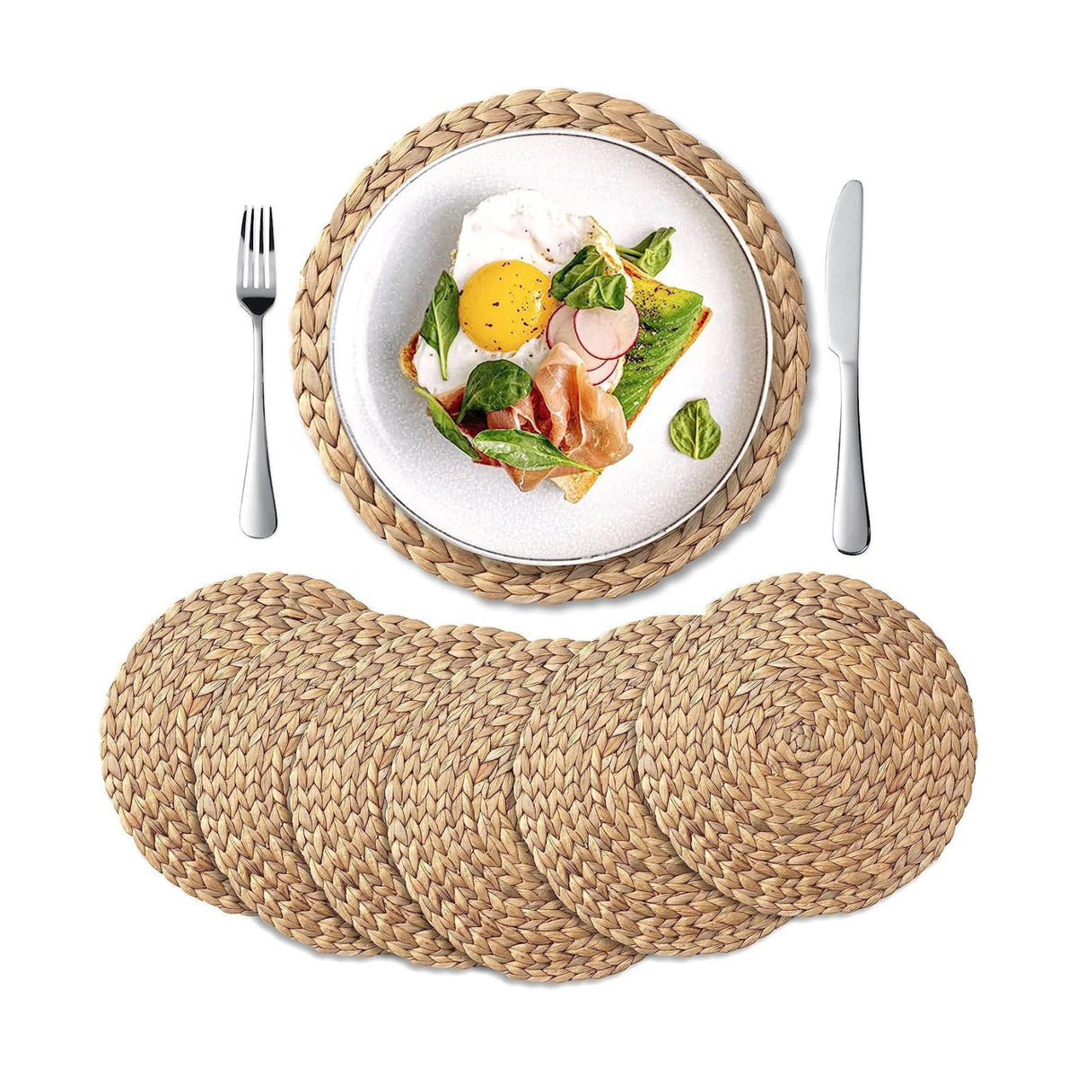 YANGQIHOME 6 Pack, Round Woven Placemats, Natural Water Hyacinth Wicker Place mats, Braided Straw Table Mats, Charger Plates for Dining Table, Fall, Thanksgiving, Christmas (11.8 inch)