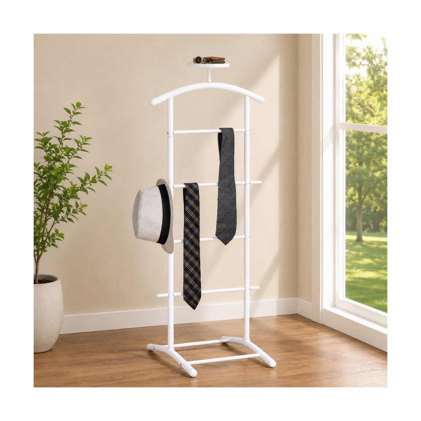 Kings Brand Freestanding Metal Suit Valet Stand with Tie Bar, White | Complete Clothing Organizer with Hanger, Trouser