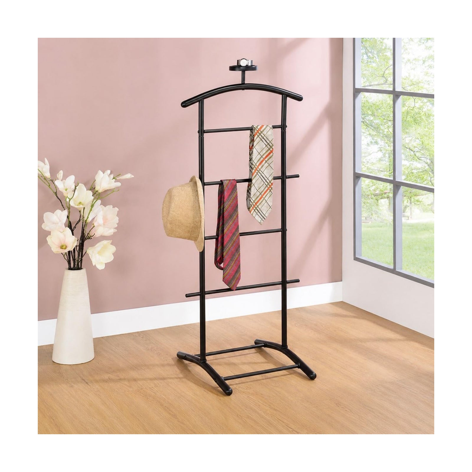 Kings Brand Freestanding Metal Suit Valet Stand with Tie Bar, Black | Complete Clothing Organizer with Hanger, Trouser
