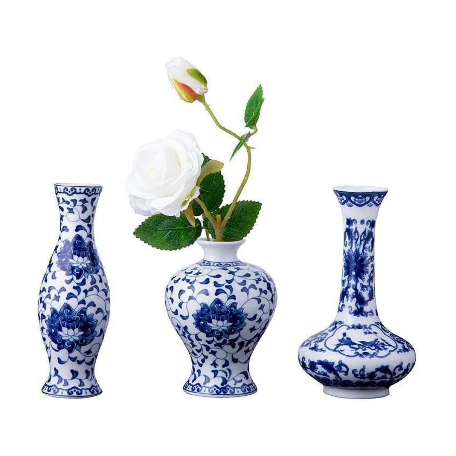 Ceramic Flower Vases / Blue & White Porcelain Set / Set of 3