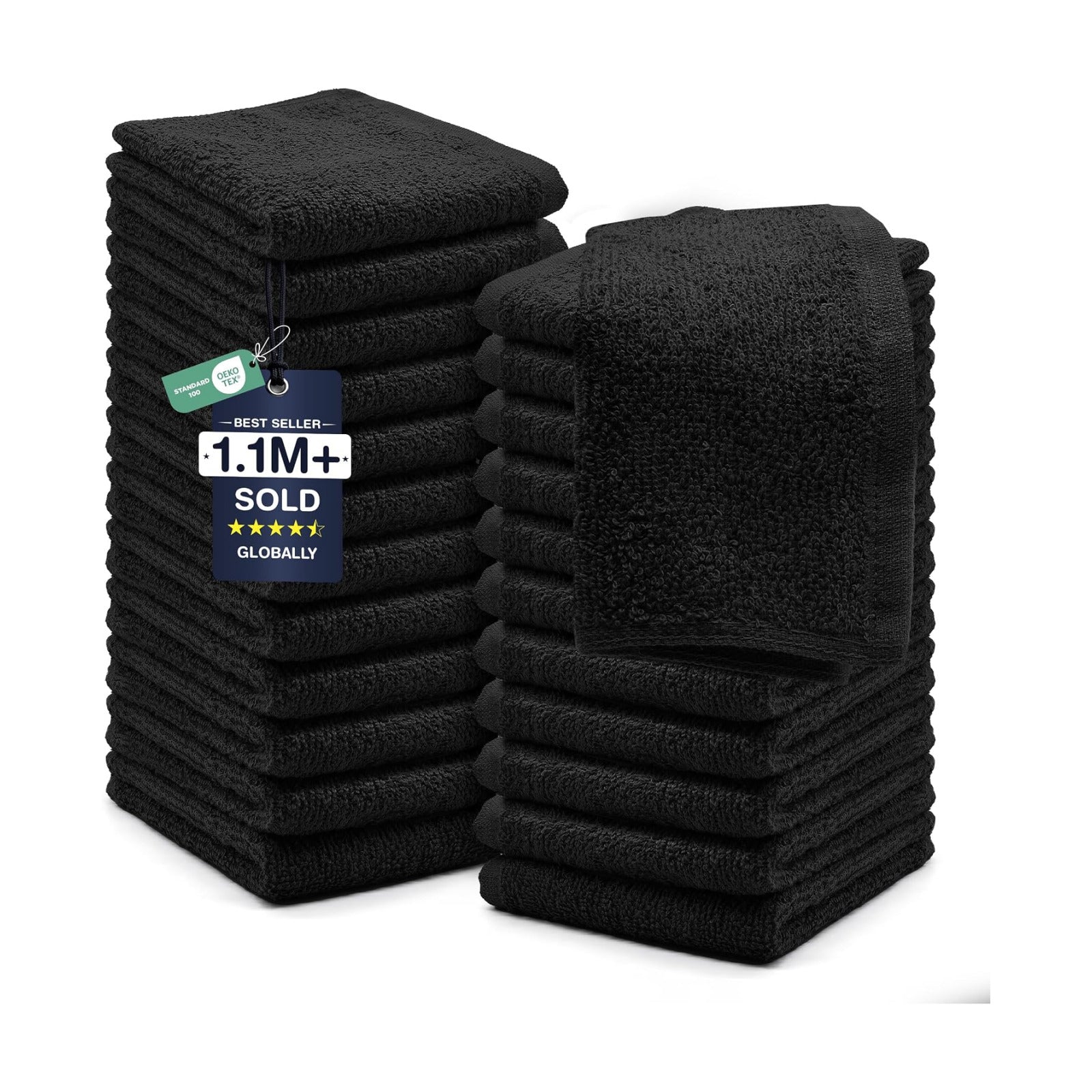 DAN RIVER 24 Pack Cotton Wash Cloths Set for Showering [12x12] Black | Lighter Weight, Quick to Dry, Super Soft &