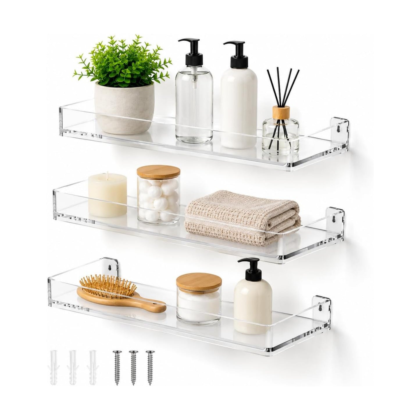 MaxGear Acrylic Floating Shelves, Clear Perfume Shelf for Wall, Set of 3 | Wall Mounted Hanging Bookshelves, Display