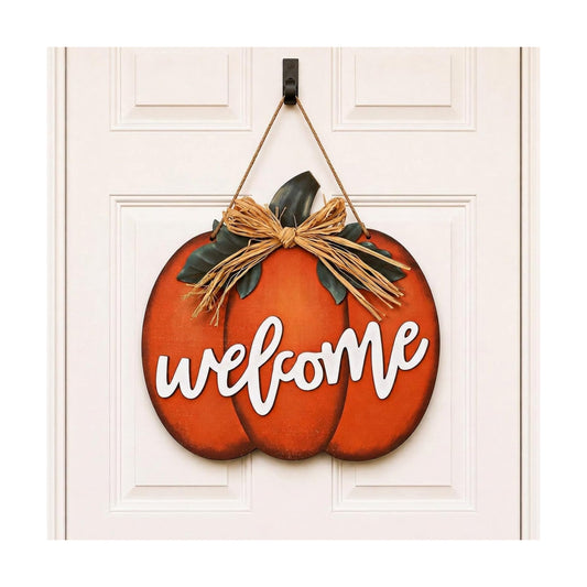 Jetec Fall Door Decor, Wooden Fall Pumpkin Welcome Sign Hanger, Orange