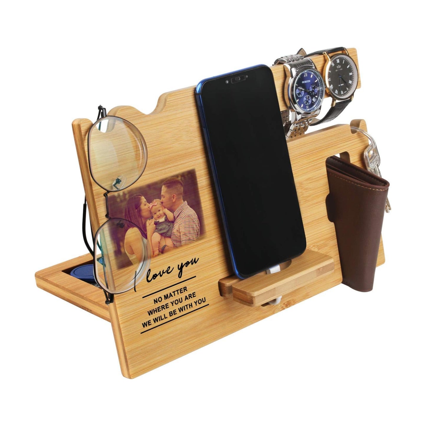 Gifts For Men - Wood Phone Docking Station Personalized - Engraved Nightstand Organizer With Phone Stand, Phone Holder