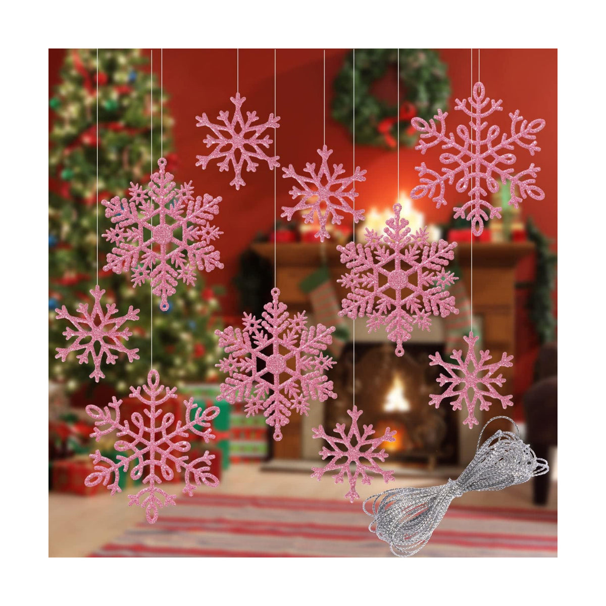 Whaline 40Pcs Pink Glitter Snowflake Winter Snowflake Ornaments Christmas Hanging Decorations with 197 Inches Silver Rope for Wedding Birthday Home Xmas Tree Window Door Accessories