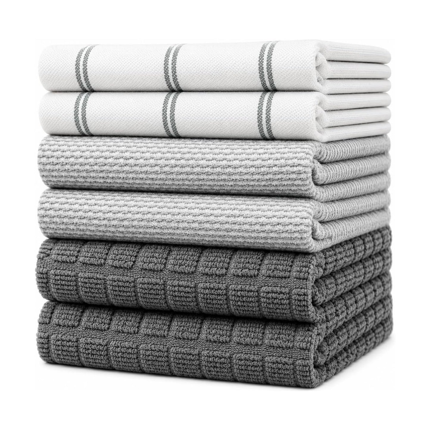 Premium Kitchen Towels 6 Pack 100% Cotton, 20"x28" Dish Towels - Grey Check | Large Flat & Terry Kitchen Linen Set with