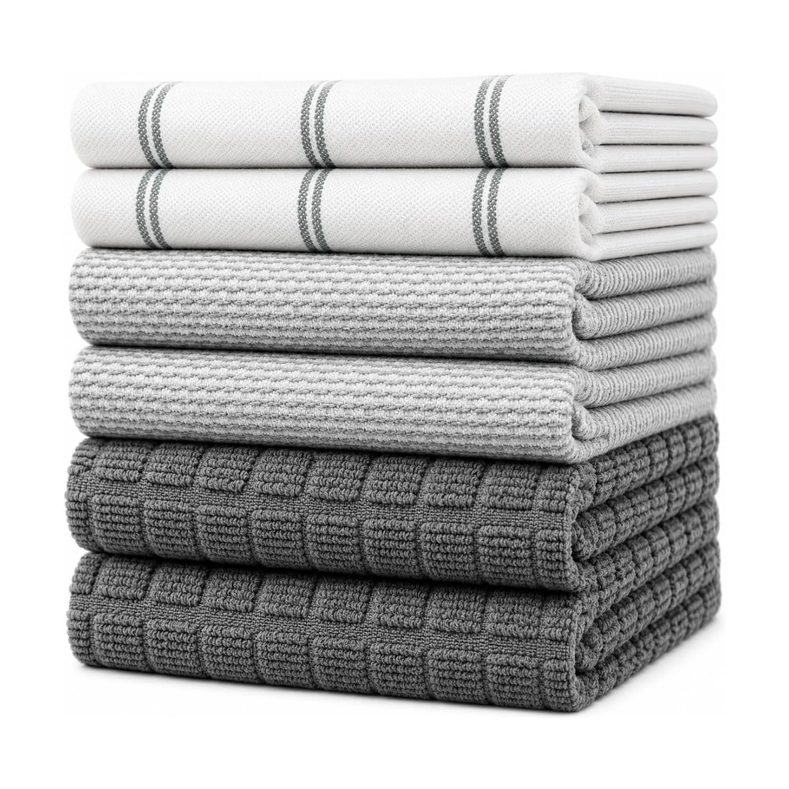 Premium Kitchen Towels 6 Pack 100% Cotton, 20"x28" Dish Towels - Grey Check | Large Flat & Terry Kitchen Linen Set with